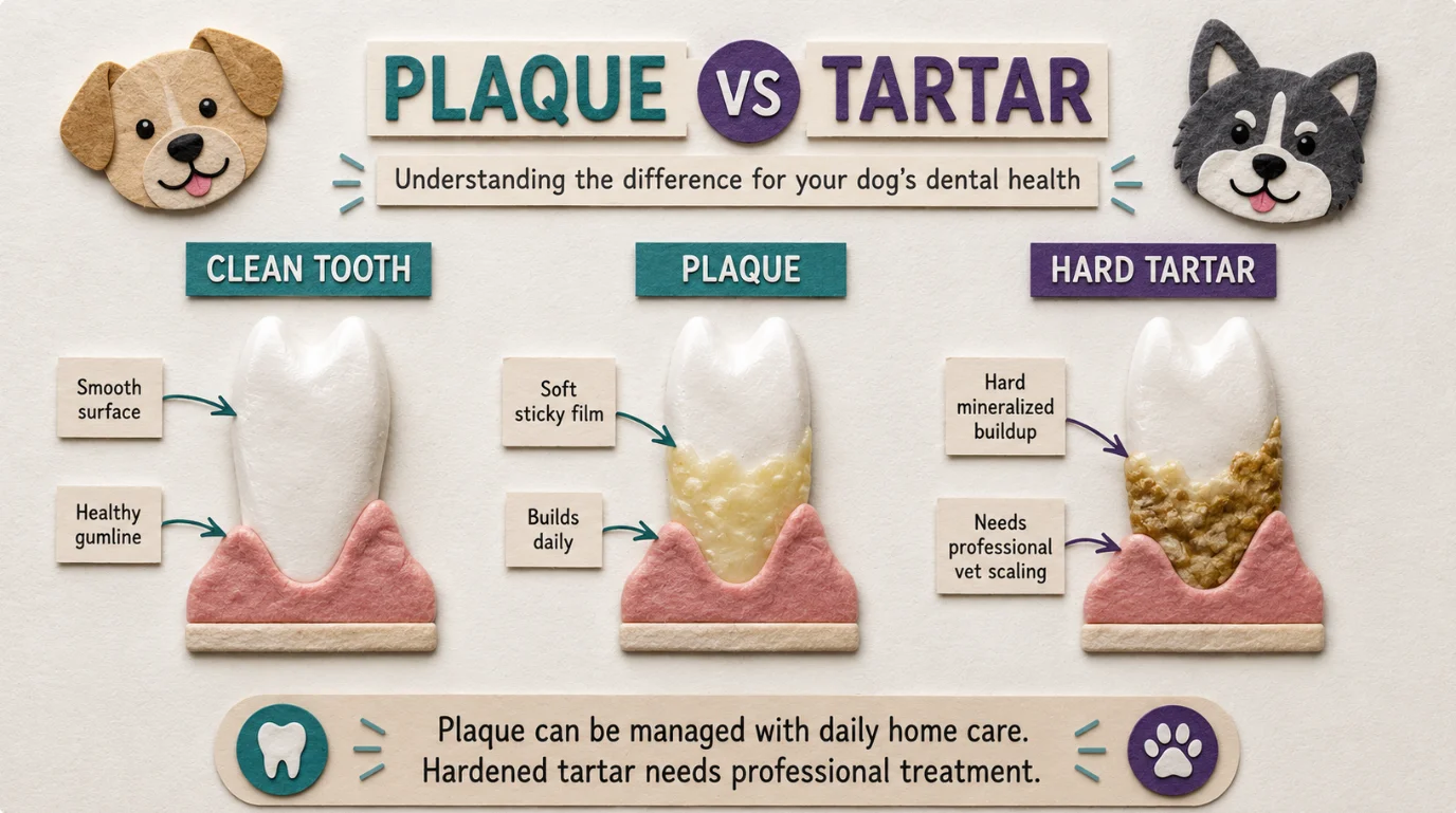Plaque vs Tartar comparison diagram showing clean tooth, soft plaque buildup, and calcified hard tartar